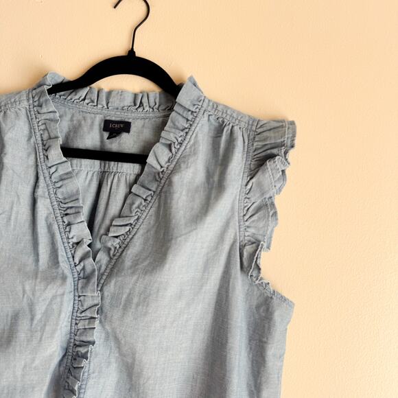 J. Crew Blue Chambray Ruffle Button Up Sleeveless Blouse XL Preppy Casual - Picture 3 of 10